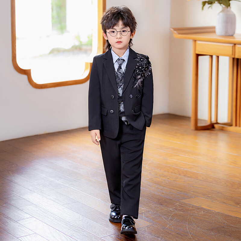 LUOBOBEIBEI Boys' Children's Formal Suit Host Piano Stage Performance Flower Boy Birthday Black Three-Piece Set Size 150