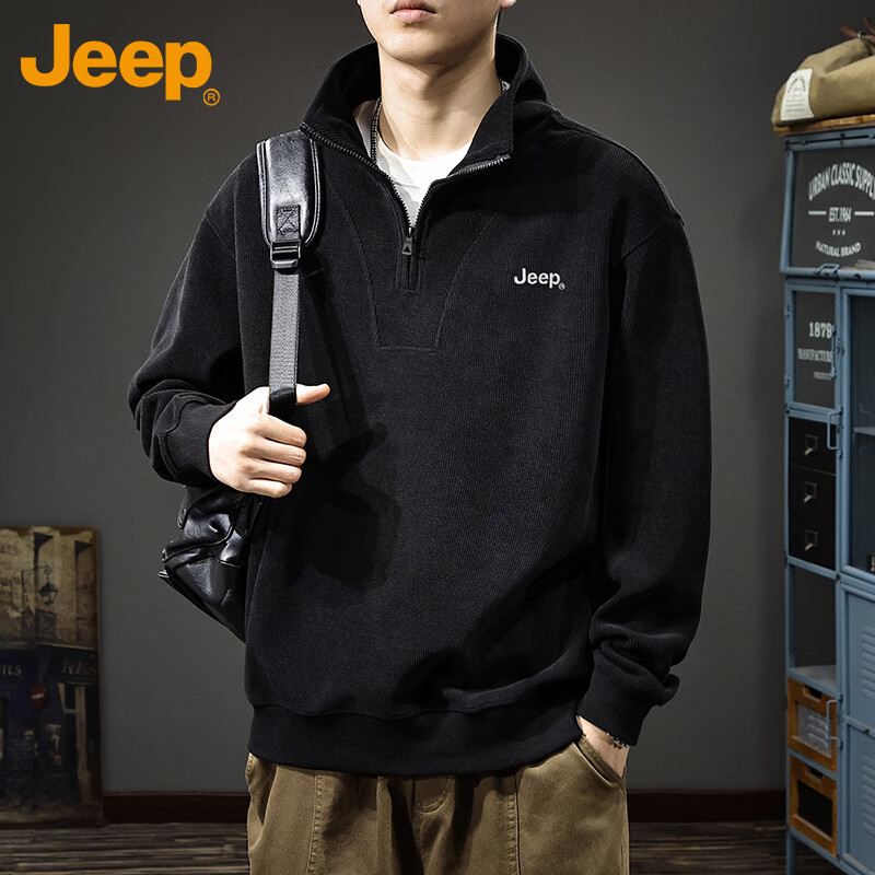 JEEP Men's Autumn Winter Zip-up Loose Long Sleeve Corduroy Thickened Warm Sweatshirt Black L