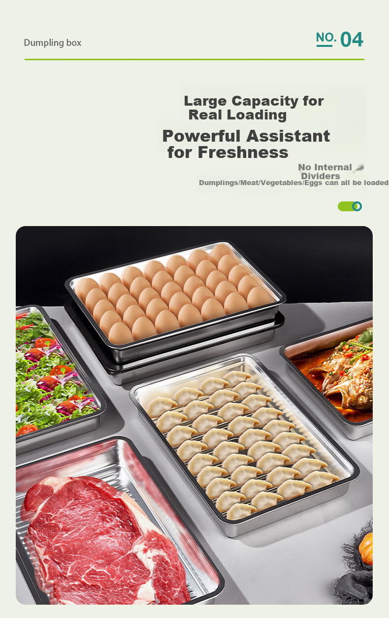 AOmeiyou 304 Stainless Steel Dumpling Box, Home Refrigerator-Specific Frozen Storage Container, Meal Prep Tray for Wonton, 1 Layer with 1 Lid 5