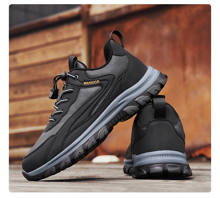 Warrior Men's Autumn Casual Sports Soft Sole Slip-On Leather Waterproof Non-Slip Walking Shoes Black Size 43 19