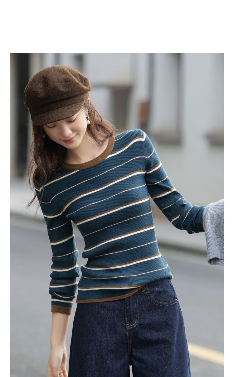 Demana Vintage Colorblock Striped Ribbed Jacquard Slim Knit Sweater with Soft Merino Wool for Autumn Women 2