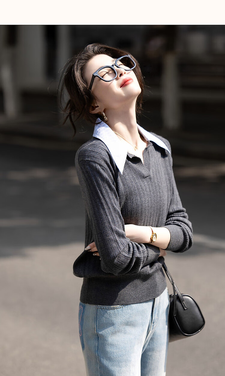 Demana【Contains Wool】Spring Autumn Smart Sensing Book Style Colorblock Stripe Spliced Lapel Knit Sweater Women Top 7