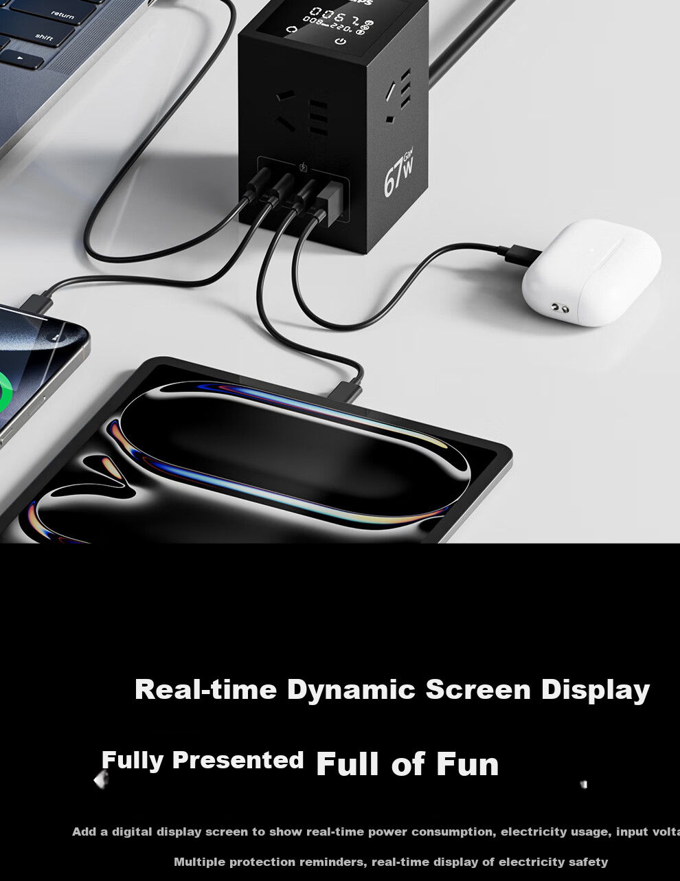 PHILIPS Desktop Charging Station, Gaming Power Strip, 67W Vertical Digital Display Socket, Gallium Nitride USB Outlet, Multifunctional Smart Fast Charging Extension Cord, Multi-Port Power Strip Suitable for IPhone 18 4