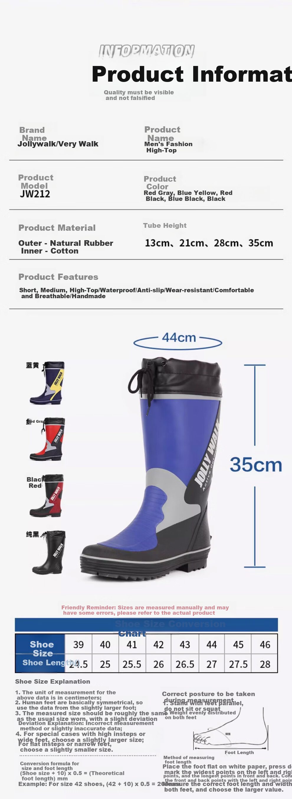 Jolly Walk Fishing Rain Boots, Men's Mid-Calf Waterproof Rubber Shoes, Car Washing Water Boots, Slip-On Shoes JW212 Red And Black 40 9