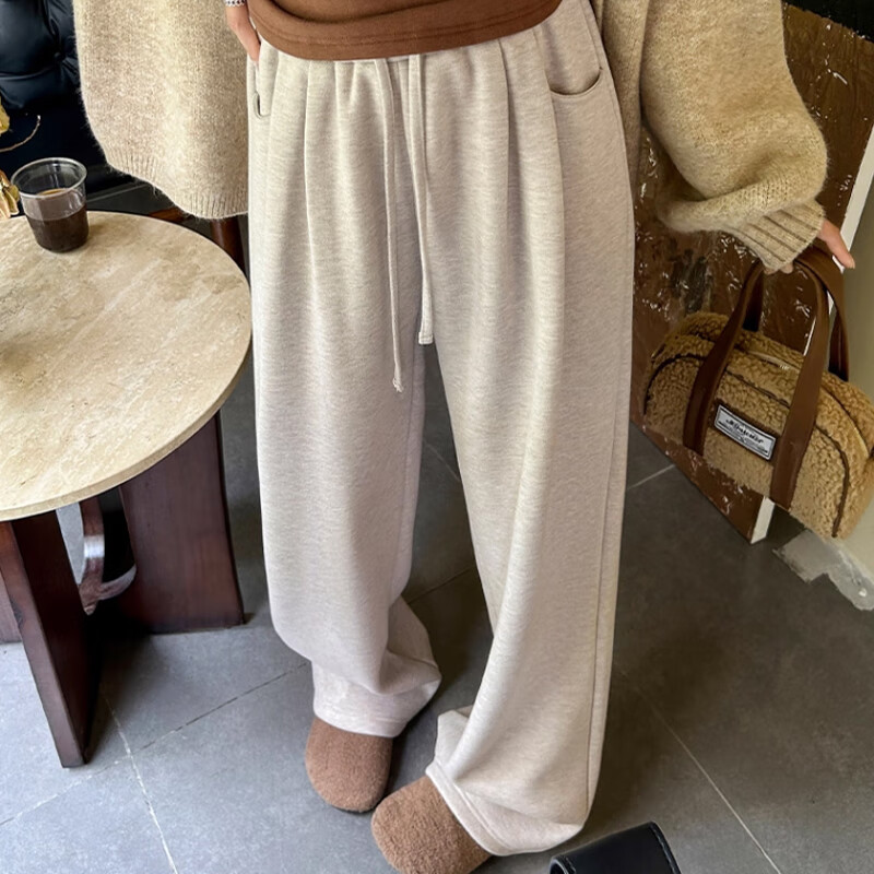 Langsha Women's Glutinous Rice Pants Autumn Winter White Fleece Thickened 2025 New Soft High Waist Draped Straight Leg Cotton Wide Leg Pants