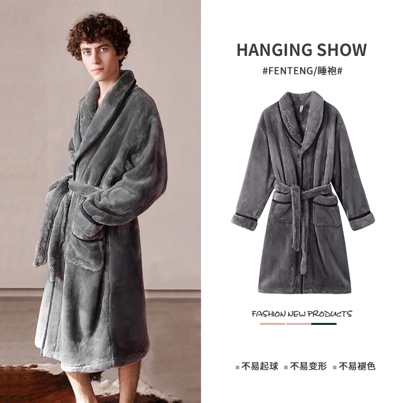 FENTENG Autumn Winter New Thickened Flannel Couple's Long Coral Fleece Bathrobe Men's Sleepwear Homewear