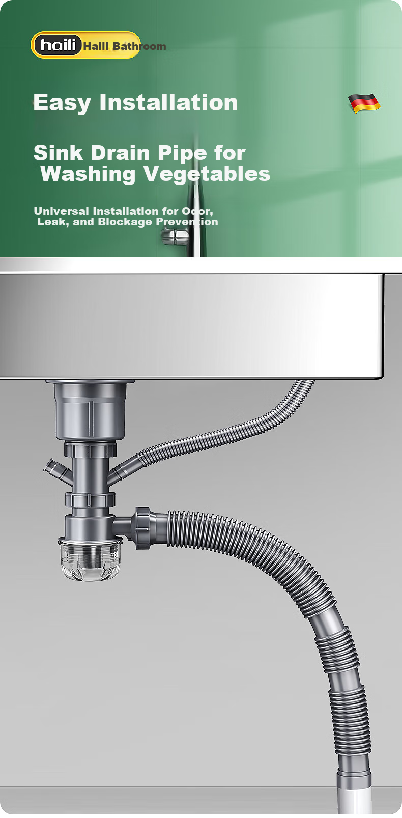 Haili Kitchen Sink Drain Pipe Set, Double Sink 110mm Drainage System, Dishwashing Basin Drainage Pipes, Water Seal, Odor Prevention S16 2