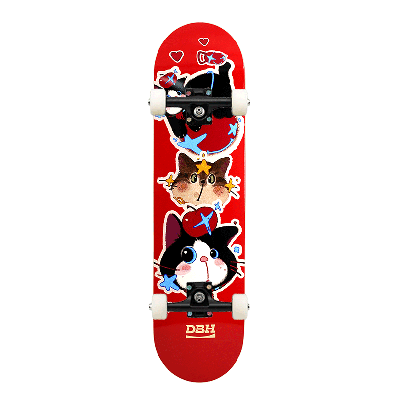 DBH Professional Skateboard for Beginners Kids Adults Unisex 6-12-18 Years Double Kick Four Wheels Planet Cat 8.0 Inch