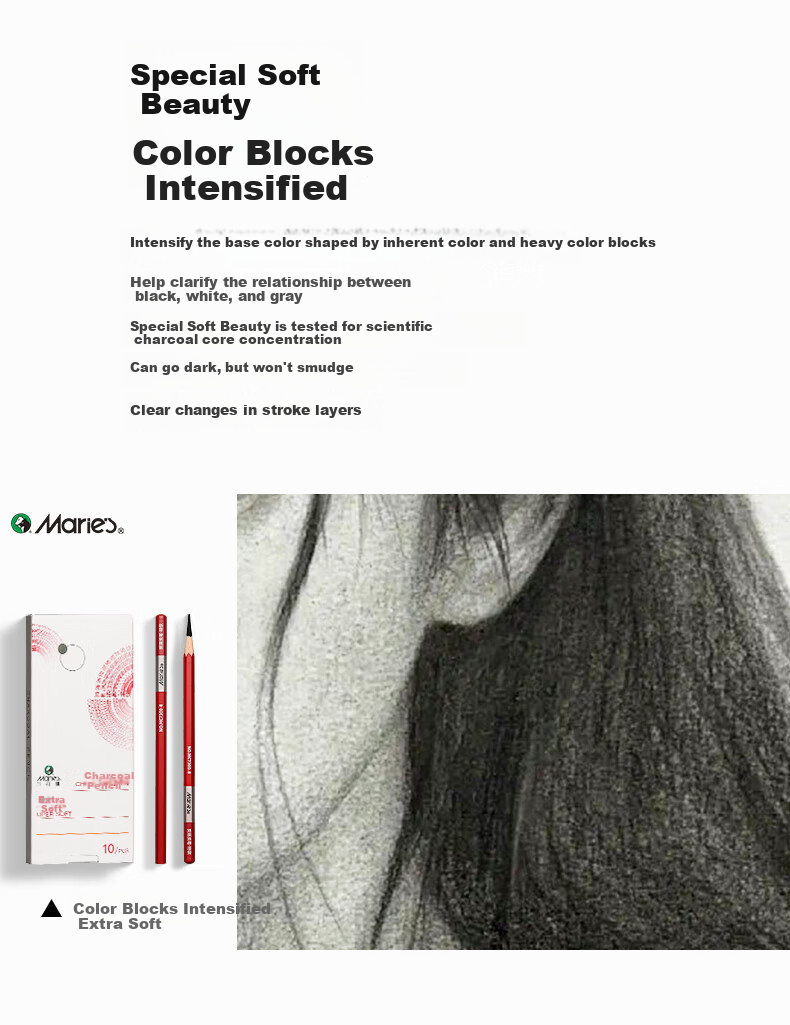 Marie's Charcoal Pencils Neutral Sketch Pencils 10-Pack Soft and Hard Carbon Pencils for Art Drawing, Student Beginner Exam Sketching Markers 8