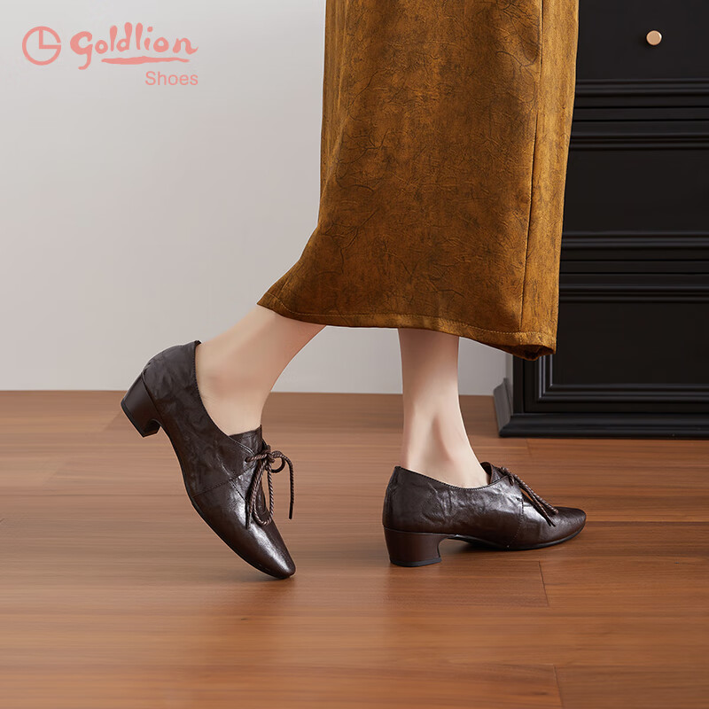 Goldlion Women's Sheepskin Low-Cut Single Shoes 2025 Autumn French Retro Commuter Leather Shoes G661540159 Coffee Size 39