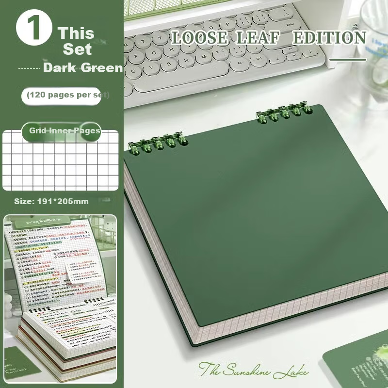 Shuxing New High-Quality Vintage Square Notebook, Grid Top-Flip Loose-Leaf Notebook, Detachable, Comfortable for Middle And High School Students, No Hand Strain, Error Correction, Research Notes, Loose-Leaf Cover, Ink Gree