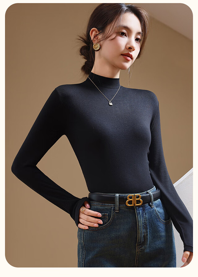 XUEXIMAN Women's Turtleneck Fleece-Lined Thickened Double-Sided Velvet Thermal Layered Top for Autumn and Winter 16