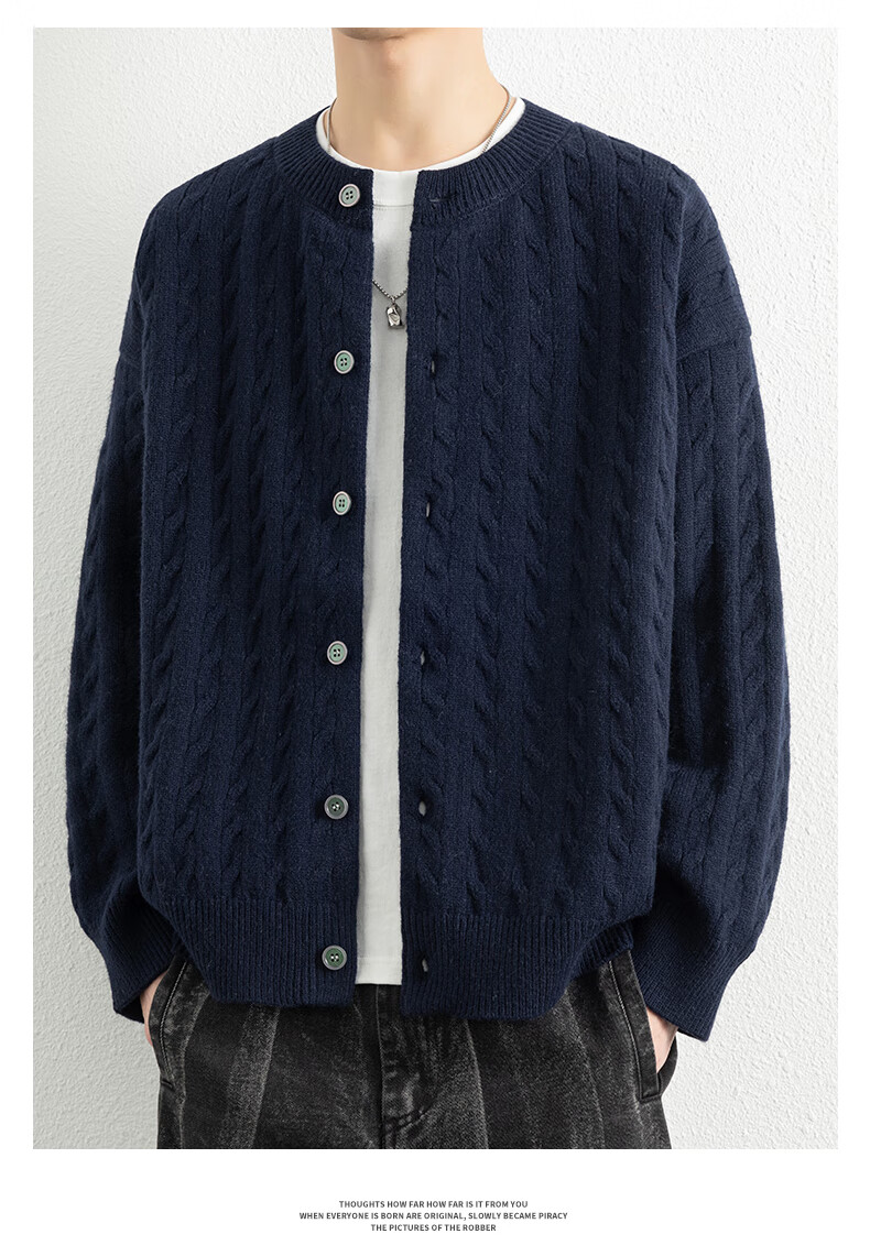 ROMON Men's Knitted Cardigan Spring Autumn Casual Loose Drop Shoulder Sweater Round Neck Jacket Black M 7001 11