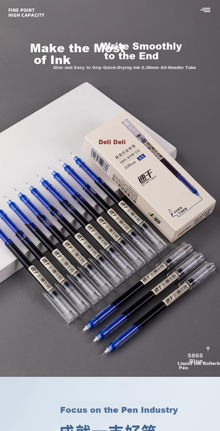 Deli Quick-Drying Rollerball Pen, 0.38mm Full Needle Tube, Student Gel Pen, Writing Pen, Signature Pen, Ballpoint Pen with Roller Ball, Blue, 12 Pens/box, S865 1