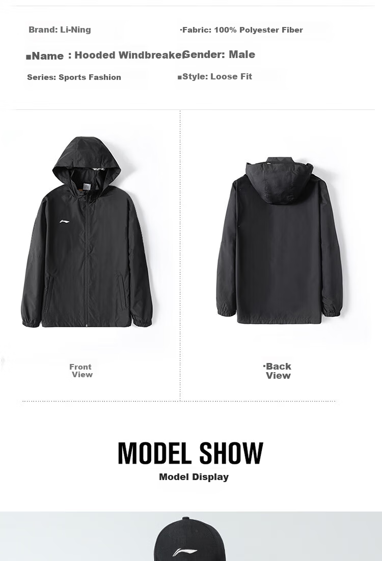 Li-Ning Jacket, Windbreaker, Outdoor Coat for Men, Spring And Autumn New Style, Running Water-Repellent Jacket, Hiking Wear, Men's Cardigan, Hooded Top 3