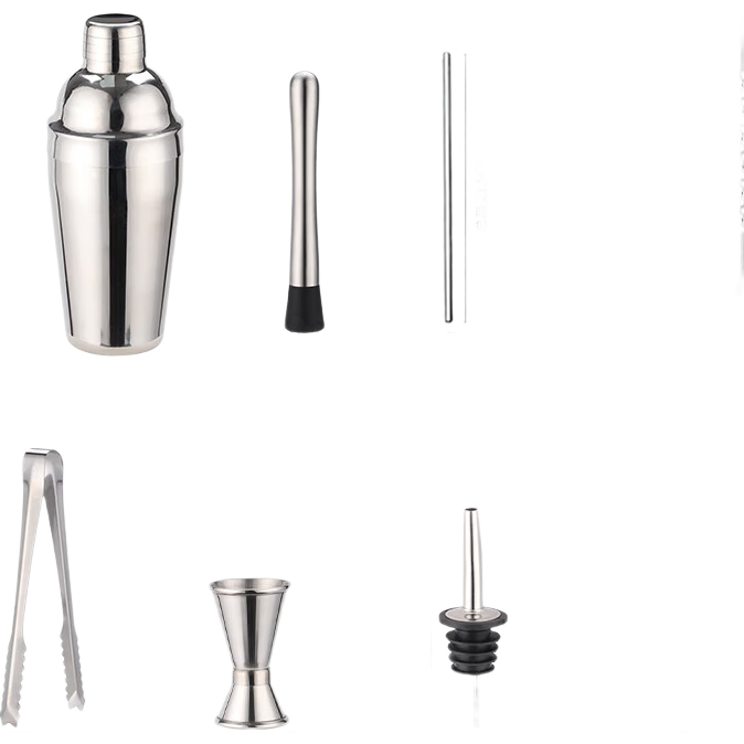 Baijie Shaker Cup Set Stainless Steel Ice Crusher Muddler Lemon Tea Cocktail Bar Tools 9-Piece Set