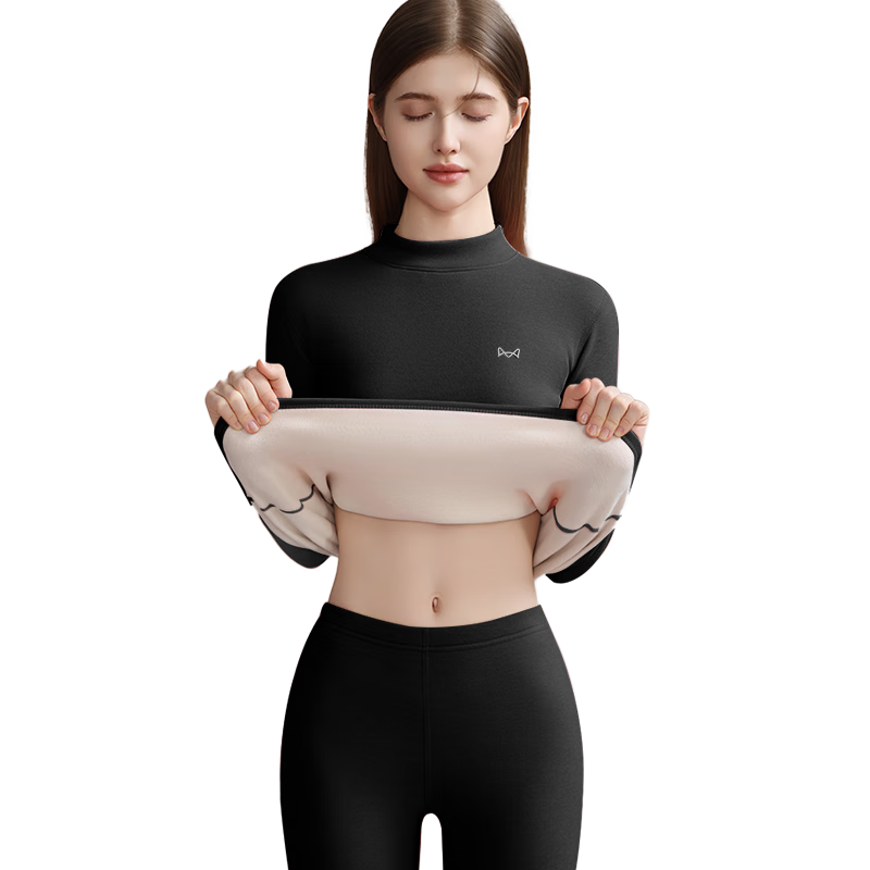 Miiow Women's Thermal Underwear Set Mid-Neck Goose Down Cashmere Silk Fleece Lined Thickened Warm Set