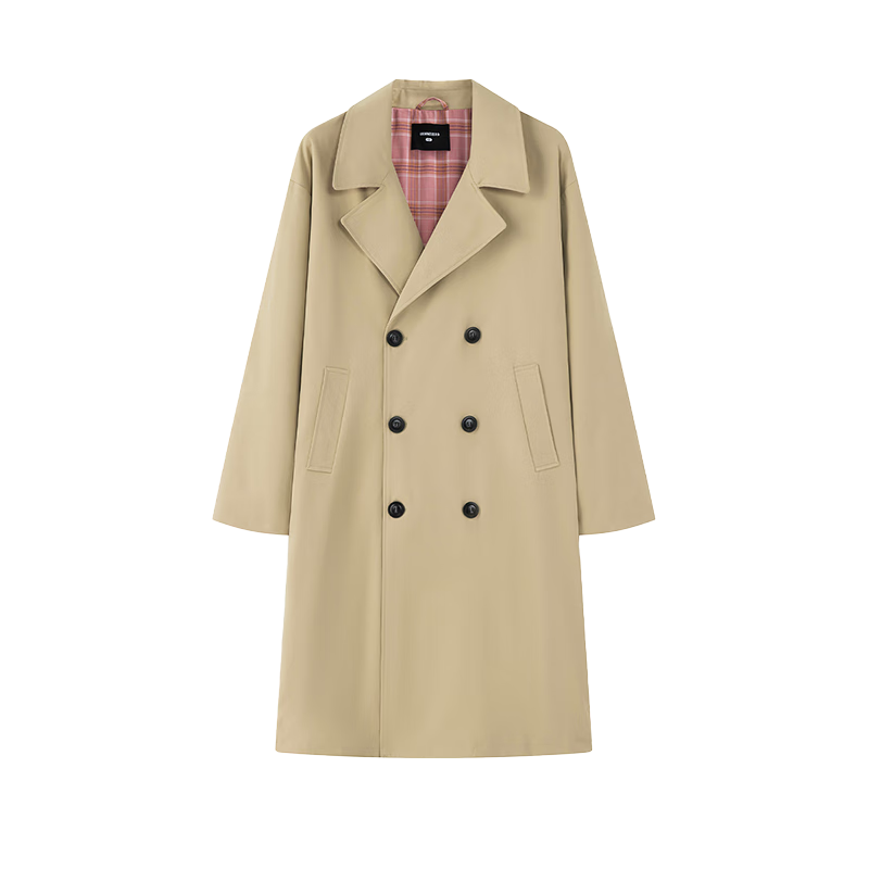 GROUND ZERO Unisex Autumn Mid-Length Trench Coat with Plaid Color-Block Lining Khaki S
