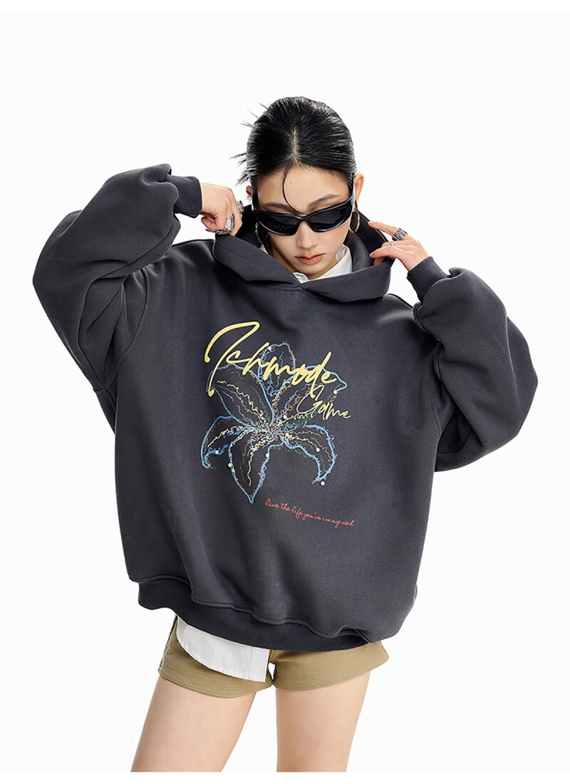 ICH MODE Women's American Style Hoodie Autumn Winter 2025 New Loose Pullover Jacket Top Dark Gray M 18