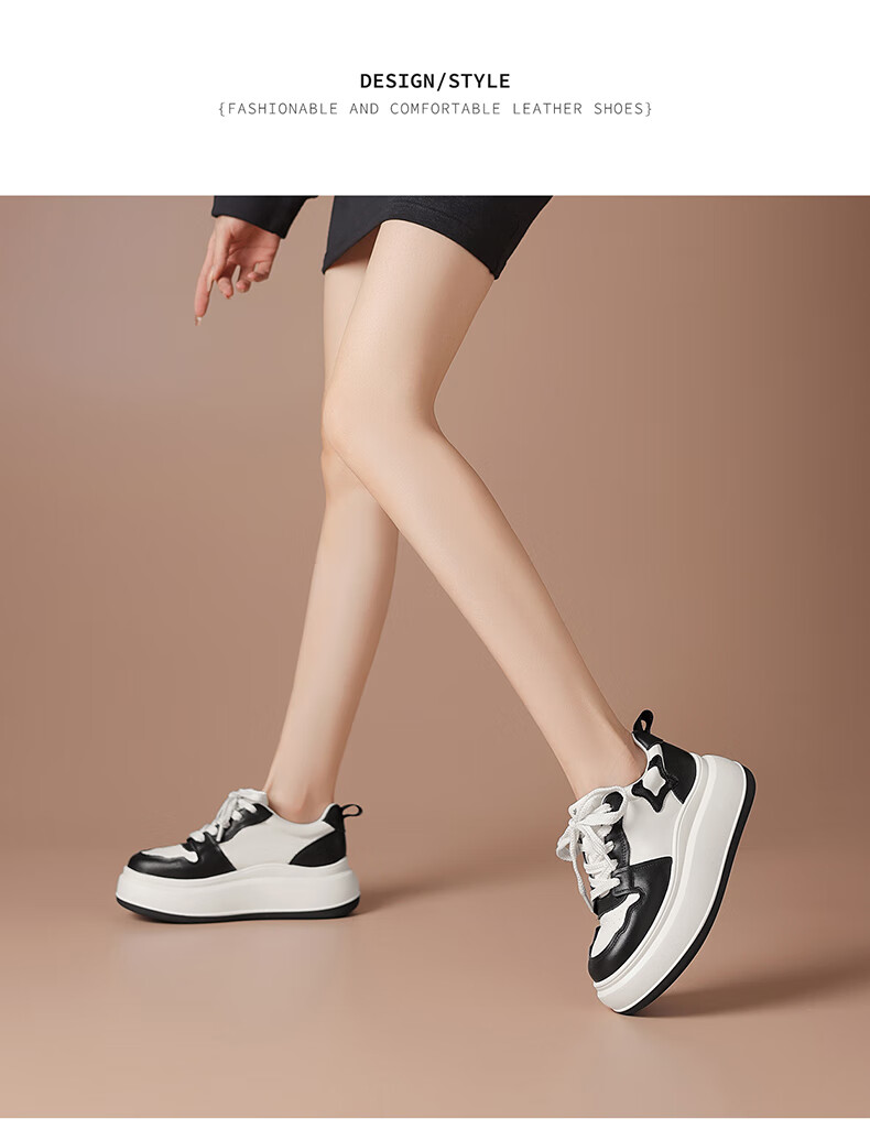 BOERDIQI Top-Grain Leather Versatile White Sneakers for Women, Thick-Soled Height-Increasing Casual Sports Shoes, White And Black, Size 36 20