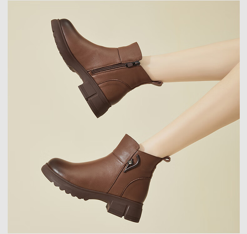 FUGUINIAO Ultra Thick Fleece-Lined Genuine Leather Cowhide Short Boots for Women Autumn Winter Warm Cold-Resistant Metal Decor Elegant Women's Boots Brown Size 36 11
