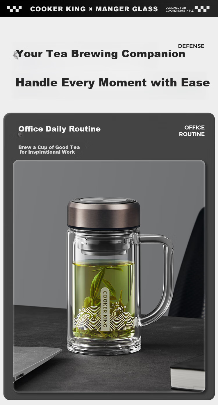 COOKER KING Glass Cup with Tea Infuser, Heat-Resistant And Shatterproof Tea Infuser Mug, Large Capacity Tea Cup in Gunmetal Gray, 380ml 9