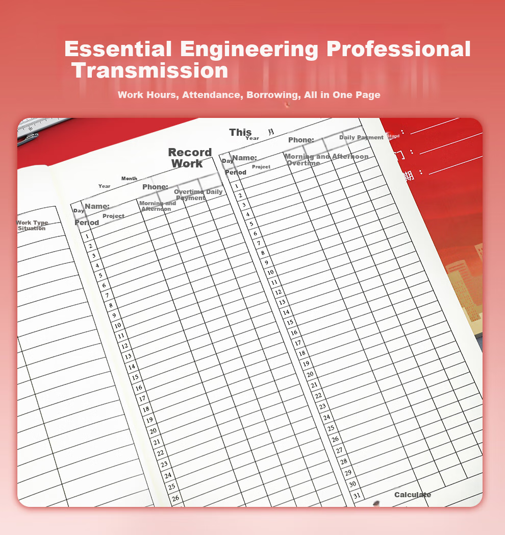 Longe Employee Time Record Book, 31 Days 2026 New Model, Worker Record Form B5 Large Size, Personal Construction Site Registration Book with Date, Large Grid, Customizable 6