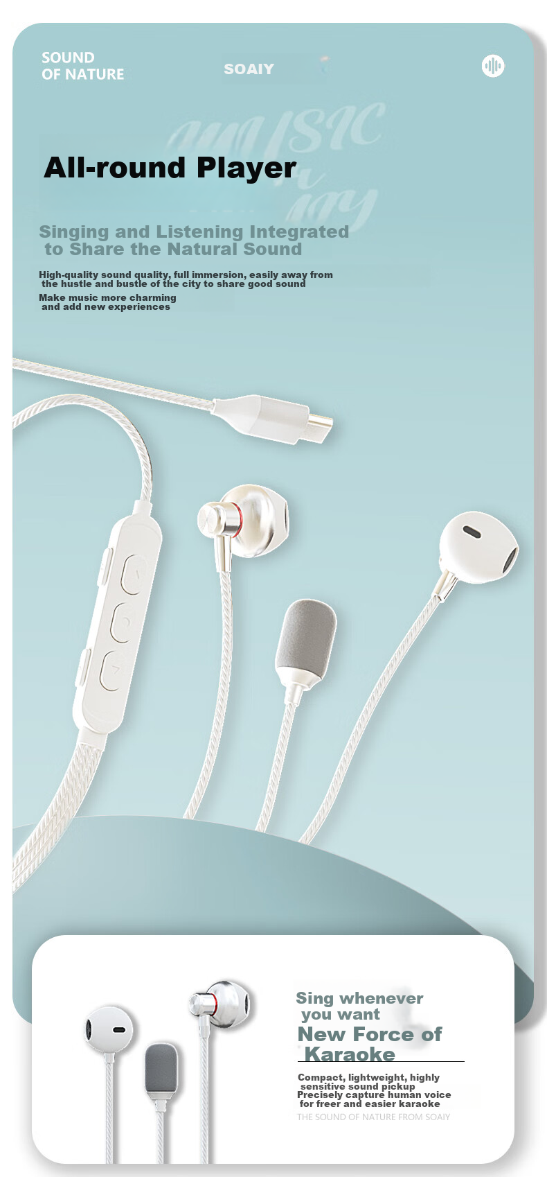 Soaiy MK57 Wired Karaoke Headphones, Mobile Karaoke Dedicated with Built-In Ear Monitor, Microphone, Singing Device, Professional Sound Card Microphone, Singing And Recording [Type-C Interface] 4