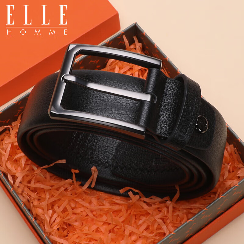 ELLE HOMME Men's Belt, Top-Grain Leather Pin Buckle Waistband, Fashionable Casual Trouser Belt for Men, 3615 Black Birthday Gift for Me