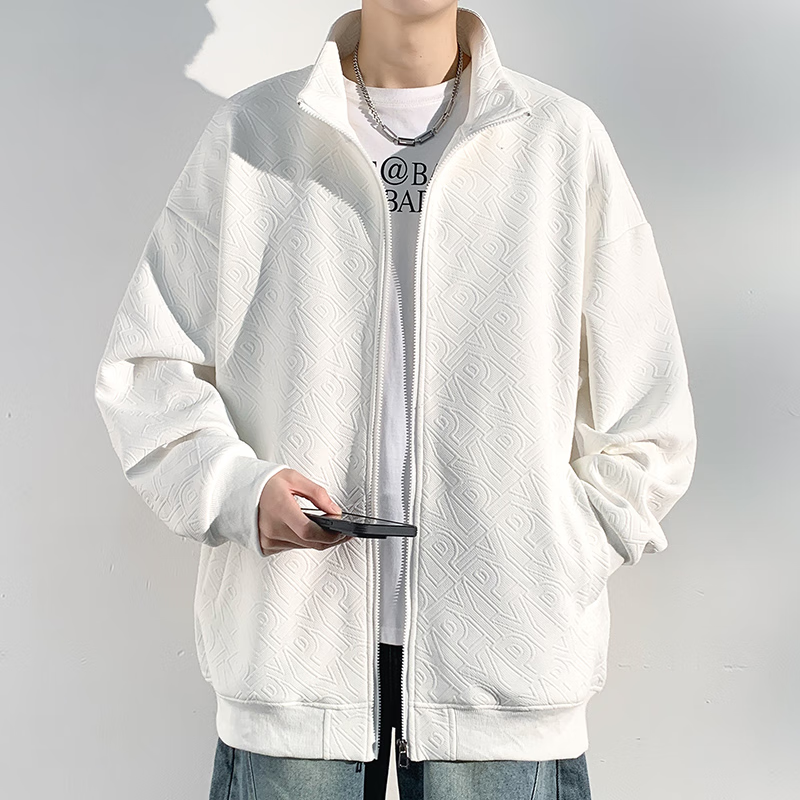 Dingfengbaoluo Men's Spring Jacket, Loose Jacquard Cardigan Sweatshirt, Turn-Down Collar Casual Zip-Up Top, KC02 White L