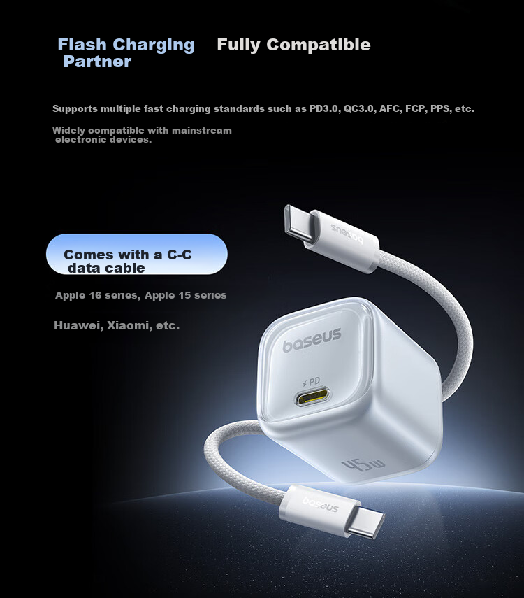 Baseus Dual-Core Charger, Apple 17 Charger PD45W Compatible with 40W GaN Fast Charging Head, IPhone17/16/15ProMax/Air Phone And IPad Charger Head, Starry Black 20