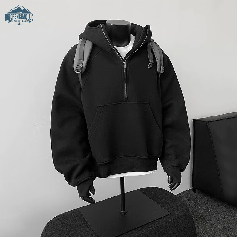 Dingfengbaoluo American Heavyweight Hoodie Men Autumn Loose Casual Half-Zip Pullover Jacket XD61 Black L