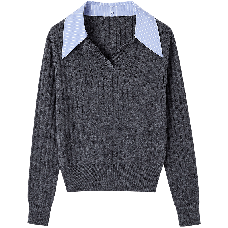 Demana【Contains Wool】Spring Autumn Smart Sensing Book Style Colorblock Stripe Spliced Lapel Knit Sweater Women Top