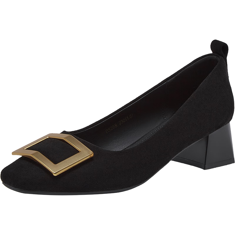 Basto 26 Spring Fabric Women's Shoes Simple Commuter Block Heel Square Toe Flats B5288AQ6 Black 38