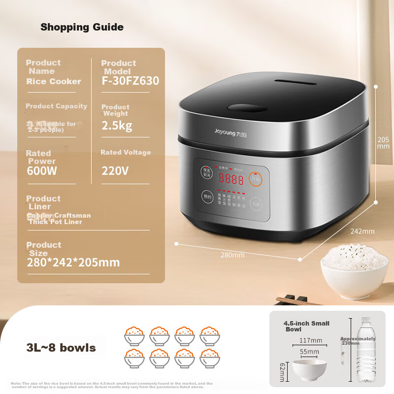 Joyoung Non-Stick Thick Inner Pot, High Heat Wood-Fired Rice, 3L Golden Capacity, for Home Use of 2-3 People, Low Pressure, Multifunctional Electric Rice Cooker, Industry Bestseller, 30FZ630