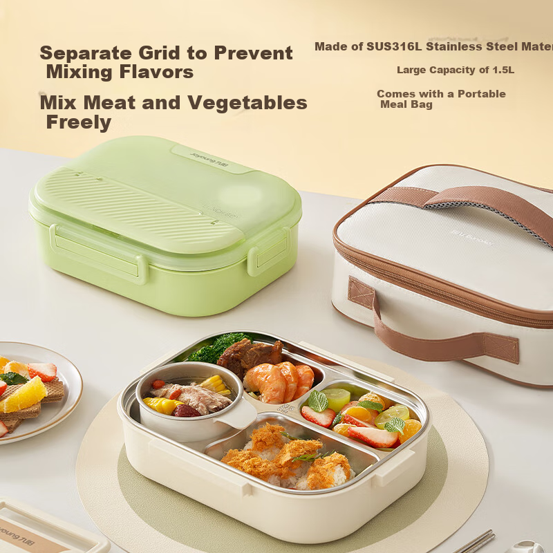 Joyoung 316L Lunch Box for Students And Office Workers, Bento Box with Chopsticks And Spoon, Large Capacity Four-Compartment Meal Container, 1500ML, Gree