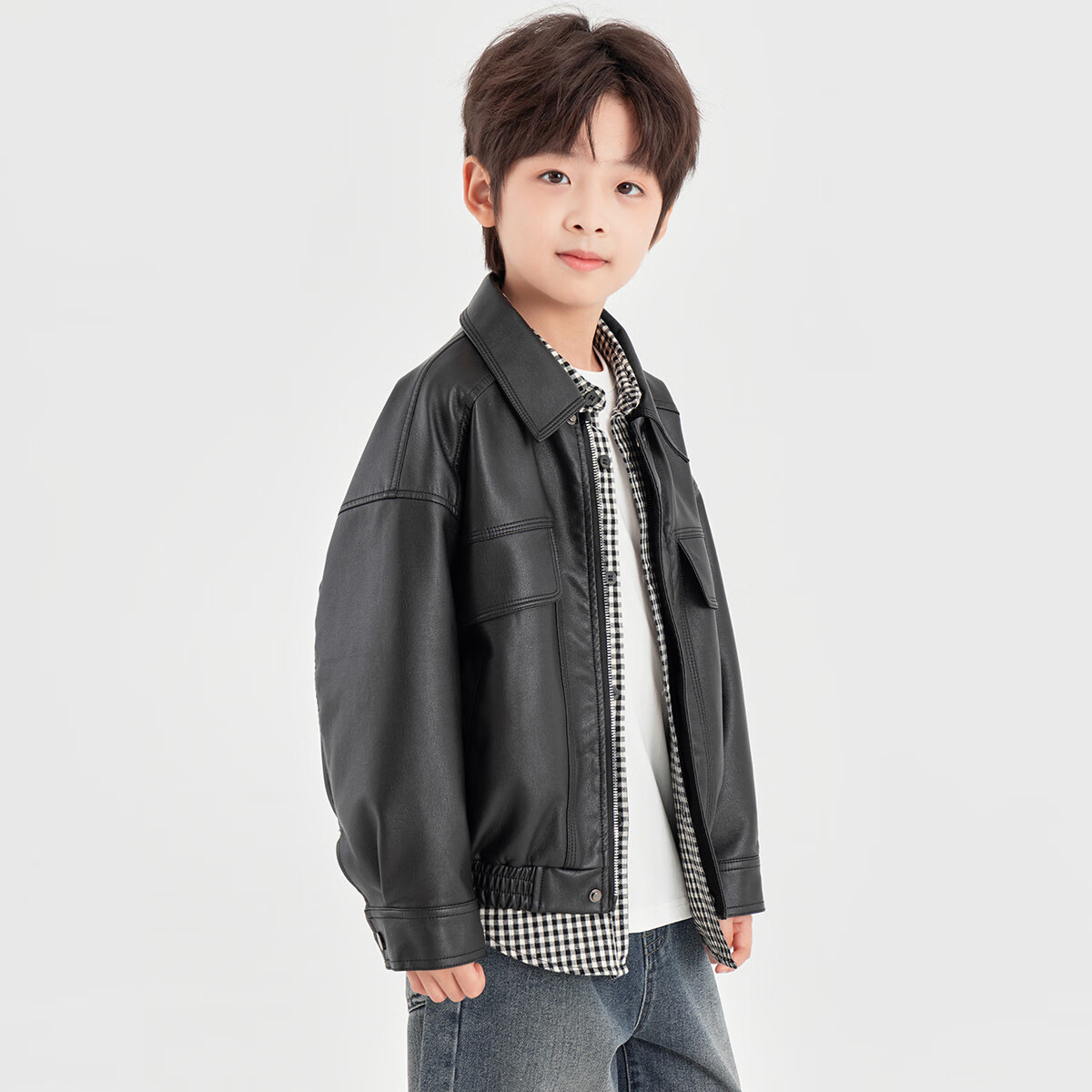 Duoduo Boys Casual Jacket Spring Autumn Fashion Stylish Trendy PU Leather Loose Fit Lapel Functional Windbreaker