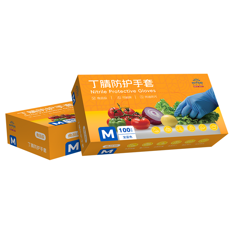 INTCO Disposable Food-Grade Nitrile Gloves Oil-Resistant Stain-Resistant Household Dishwashing Blue Size L