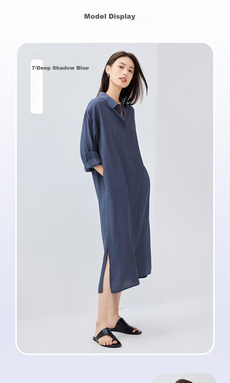 Giordano Women's Dress, 2026 Spring New Style, Side Slit with Subtle Stripes, Long-Sleeve Shirt Dress for Women, 05465070 8