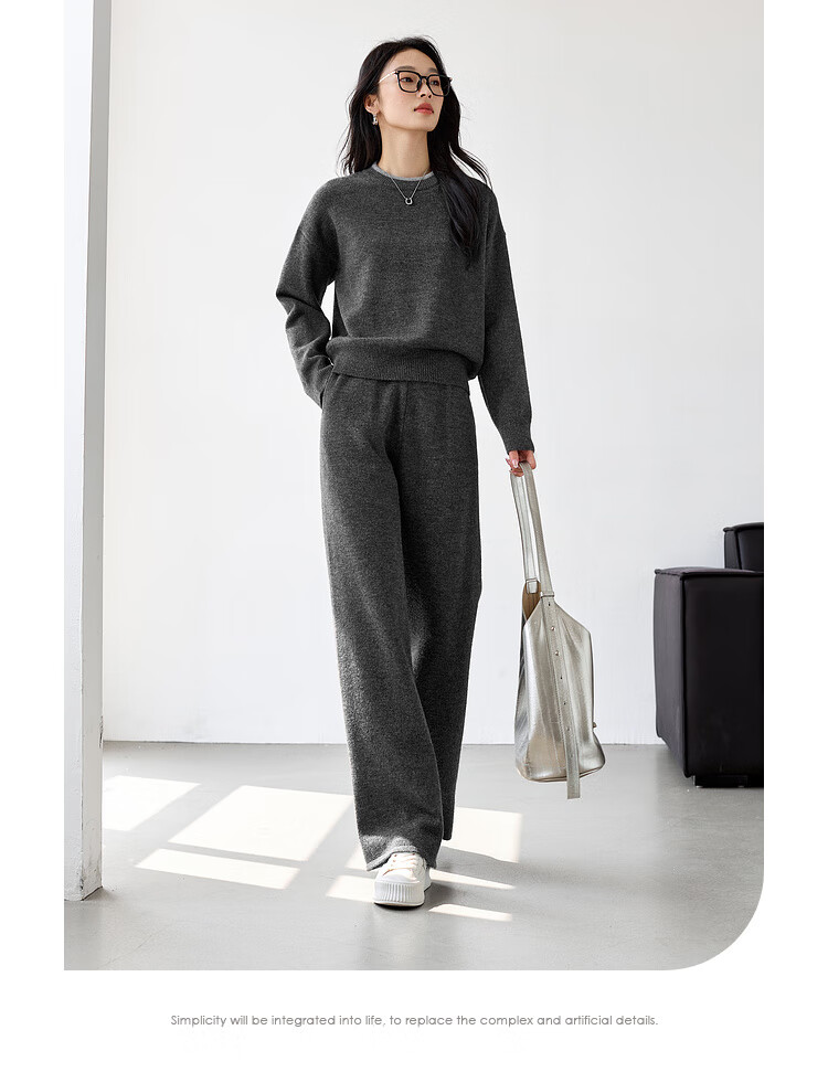 FANXIMAN Premium Wool Blend Knit Set Women Autumn New Top and Wide-Leg Pants Set Oatmeal M 7