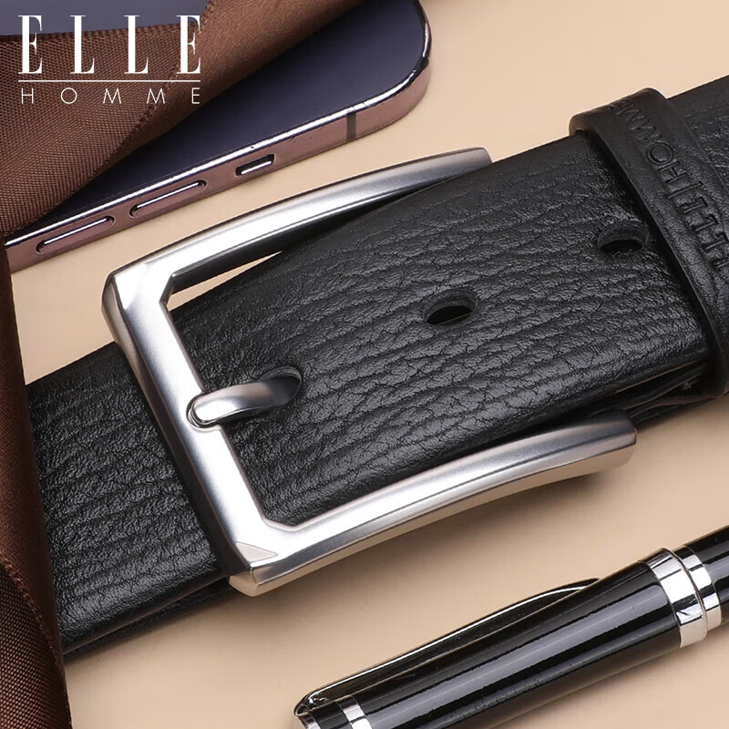 Ремень мужской кожаный ELLE HOMME, с пряжкой-булавкой, из натуральной коровьей кожи, повседневный, для брюк, черный, размер 110 см