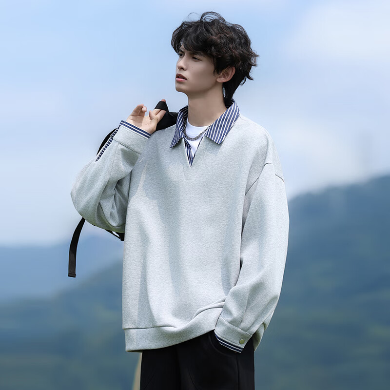 Homlean Two-in-One Fleece Lined Hoodie with Lapel Collar Winter Men's Warm Casual Loose Top HP02JR Light Gray L
