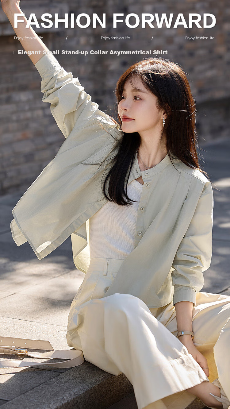 Mt [Random Time] Spring Elegant Small Stand Collar Design Gray Short Casual Shirt 1