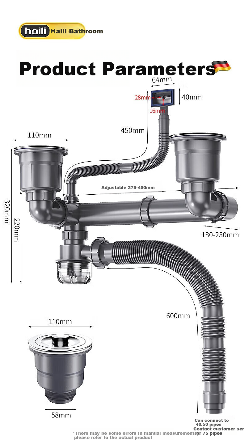 Haili Kitchen Sink Drain Pipe Complete Set, Double Sink 110mm Drainage System, Dishwashing Basin Drainage Pipe Kit Accessories S18 1