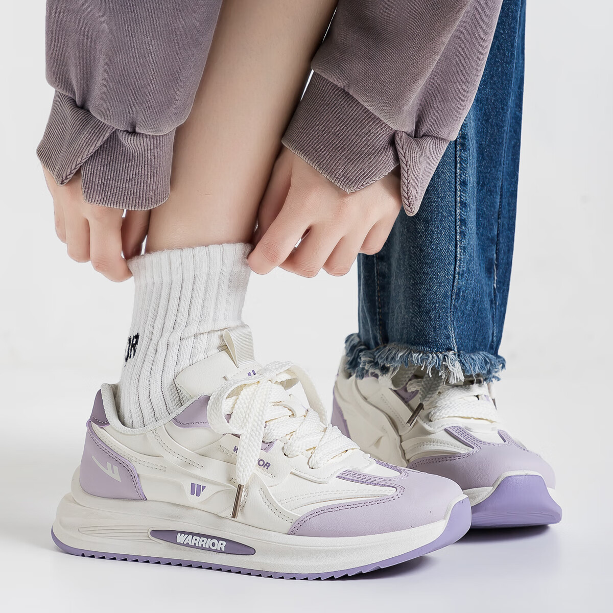 Warrior Women's Thick-Soled White Casual Sports Dad Sneakers WXYK972Z Beige Purple (Leather) Size 38