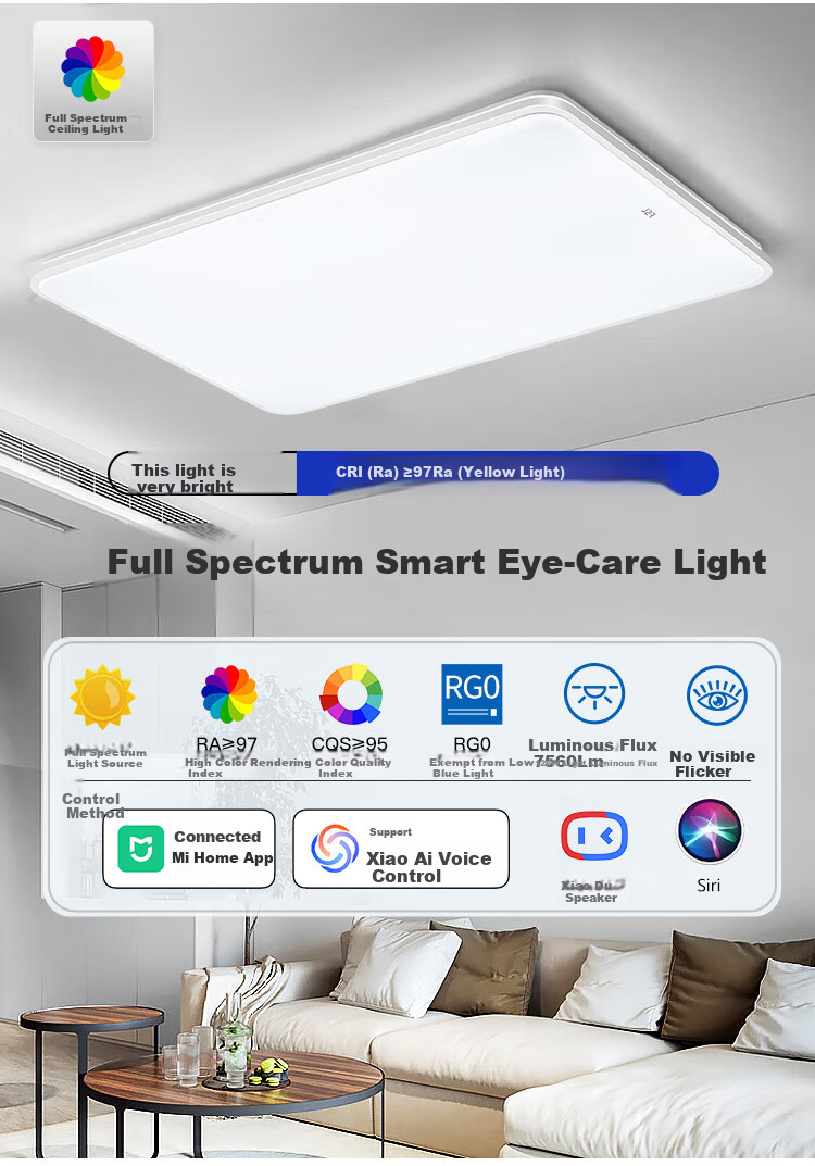 Foshanzhaoming LED Ceiling Light, Living Room Eye Protection Lamp with High Color Rendering Index 97, Connected to Mijia Yuanjing 126W 1