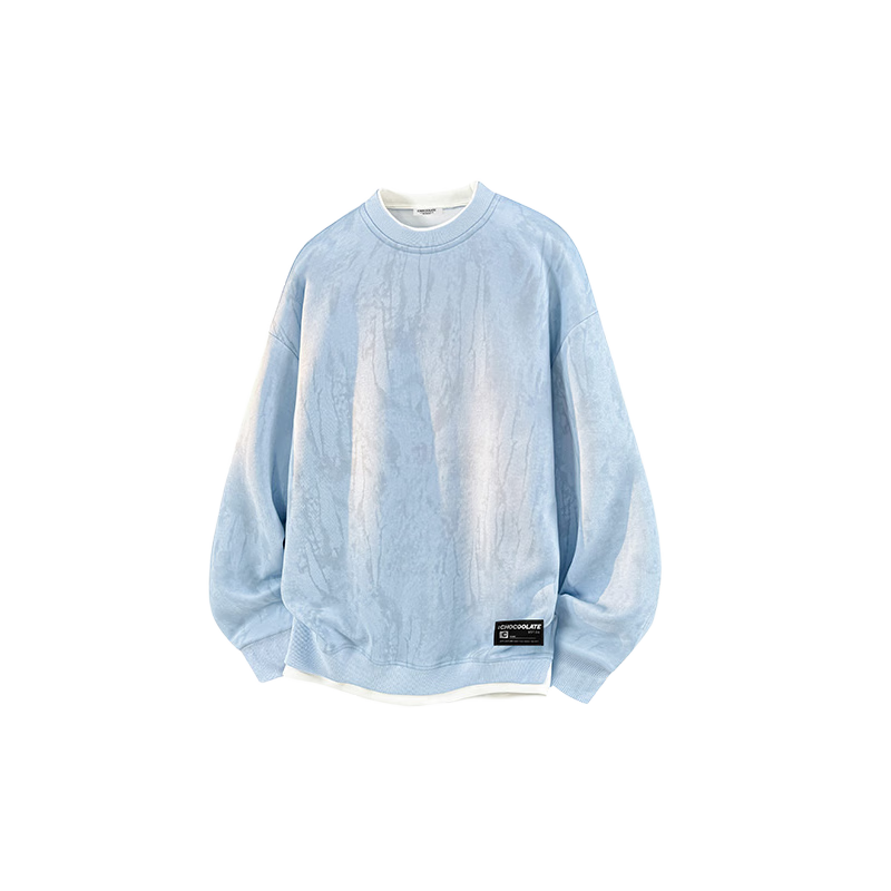 :CHOCOOLATE IT Fake Two-Piece Tie-Dye Hoodie Men Spring Autumn New American Streetwear Casual Long Sleeve T-Shirt Blue L