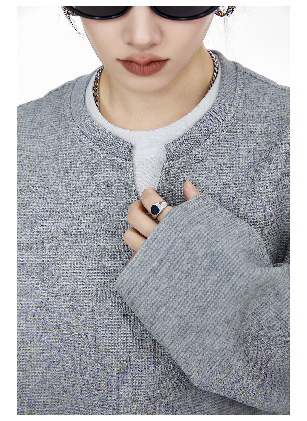 ICH MODE Women's Pullover Sweatshirt American Waffle Long Sleeve T-Shirt Autumn Winter Loose Casual Henley Neck Top Gray L 16