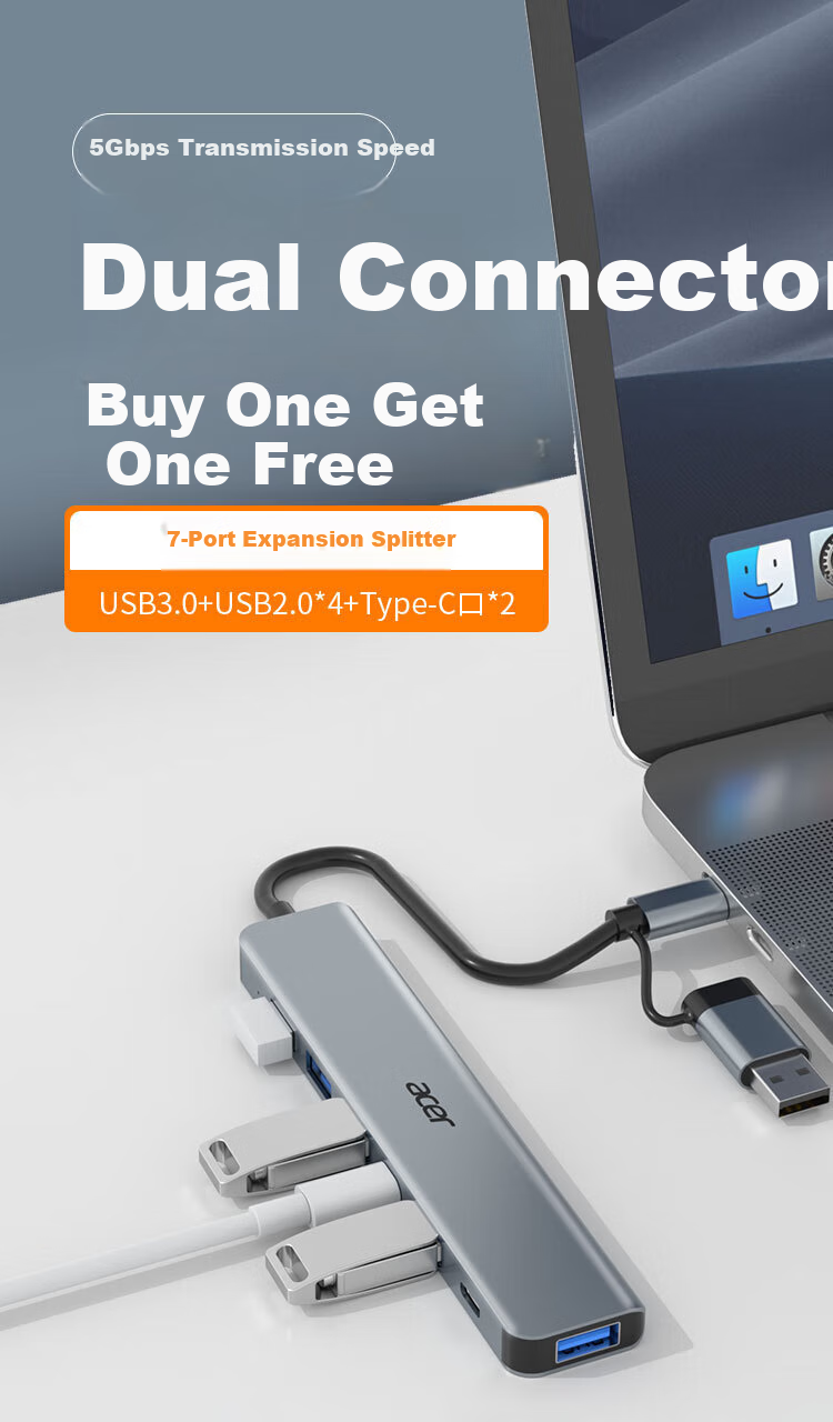 Acer Type-C/USB Expansion Dock to USB 3.0 Hub, High-Speed 7-Port Hub, Multi-Port Adapter Converter for Laptops And Tablets 1