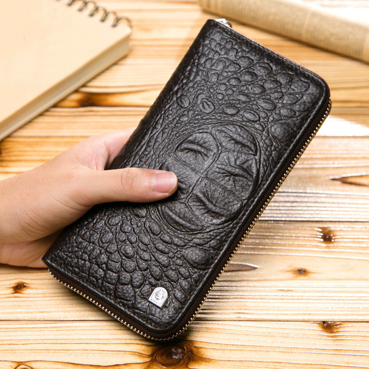 Old Man Head Men's Long Business Vertical Zipper Card Wallet First Layer Cowhide Clutch Money Clip Christmas Gift